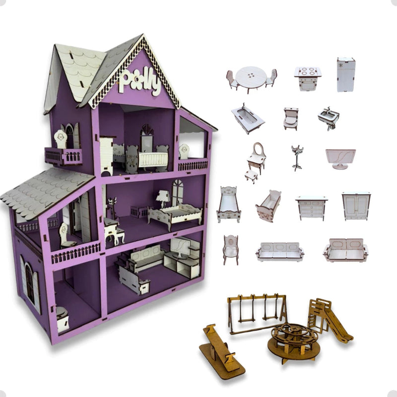 Casinha de Boneca em MDF – 19 Móveis e Parquinho Infantil Completo