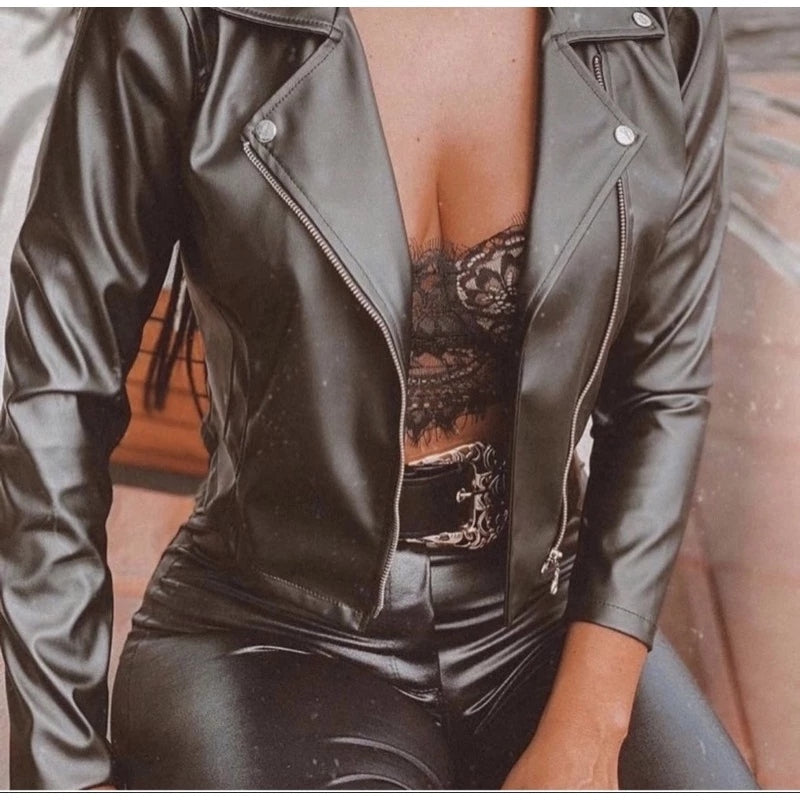 Jaqueta de Couro Feminina com Zíper para Inverno