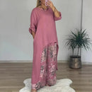 Conjunto Botanique™ com blusa assimétrica longa e calça pantalona floral, estilo artístico e corte impecável, para looks elegantes.