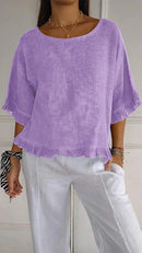 Blusinha Bellatriz™ com babado, manga ampla e caimento solto em algodão, estilo moderno para mulheres, marca ModernLar.