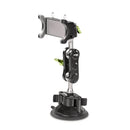 Suporte universal para celular Viva Lar com rotação de 360°, preso em painel com celular instalado, ajustável e prático.