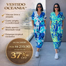Vestido Oceania™ da ModernLar com estampa tropical, corte amplo e viscose, ideal para looks confortáveis e elegantes.