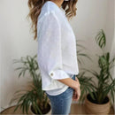 Blusinha Eliza™ da ModernLar, tecido texturizado de linho com popelina, estilo leve e sofisticado para mulher autêntica.