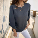 Blusinha Eliza™ da ModernLar com tecido texturizado de linho e popelina, modelo leve e sofisticado, ideal para mulher autêntica.