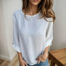 Blusinha Eliza™ da ModernLar com tecido texturizado de linho e popelina, estilo sofisticado e leve para mulher autêntica.