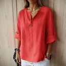 Camisa feminina Lucienne™ em linho de algodão com gola mandarin, estilo minimalista e confortável, vista frontal.
