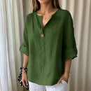 Camisa feminina Lucienne™ em linho de algodão, com gola mandarin, estilo minimalista e confortável, vista frontal na imagem.