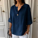 Camisa feminina Lucienne™ em linho de algodão, com gola mandarin, estilo minimalista, confortável e elegante.