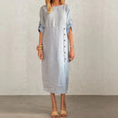 Vestido Adélie™ em linho de algodão com botões laterais e fenda sofisticada, modelo elegante e confortável, feito pela ModernLar.