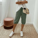 Bermuda Levana™ de linho de algodão com cintura ajustável, calça confortável da ModernLar em tom neutro.