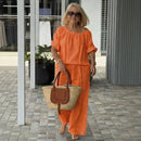 Conjunto Céliane™ em linho de algodão com caimento solto, roupa confortável da marca ModernLar, com tecido leve e elegante.
