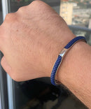 Bracelete Alpha Prata/Marinho em Aço e Couro - Tamanho Único