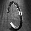 Bracelete Alpha Prata/Preto em Aço e Couro - Tamanho Único