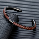 Bracelete Alpha Preto/Marrom em Aço e Couro - Tamanho Único